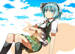 1girl alternate_costume alternate_hair_color ascot blue_eyes blue_hair female_focus ghost hair_ribbon hairband hide448 hitodama kneehighs konpaku_youmu konpaku_youmu_(ghost) matching_hair/eyes navel ribbon skirt socks solo touhou