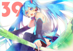 Rule 34 | 1girl, 39, aqua eyes, aqua hair, bad id, bad pixiv id, bare shoulders, detached sleeves, hatsune miku, headset, long hair, open mouth, skirt, solo, spring onion, thighhighs, twintails, very long hair, vocaloid, wm