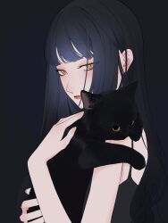 Rule 34 | 1girl, aegyo sal, animal, black background, black camisole, black cat, black hair, blush, boku (yku6ld), camisole, cat, cat day, closed mouth, commentary, hashtag-only commentary, highres, holding, holding animal, holding cat, long hair, looking at viewer, original, sidelocks, solo, spaghetti strap, upper body, yellow eyes