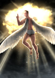 Rule 34 | angel wings, back, billy herrington, commentary, flying, full body, gachimuchi pants wrestling, heaven, highres, light, looking at viewer, looking back, male focus, male underwear, otosama, pants, real life, topless male, smile, solo, underwear, underwear only, white male underwear, wings, wrestling (series)