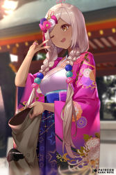 Rule 34 | 1girl, ;d, bad id, bad twitter id, blurry, blurry background, braid, brown eyes, commentary, depth of field, english commentary, floral print, flower, hair flower, hair ornament, hair over shoulder, hakama, hakama skirt, holding, holding mask, hololive, hololive english, horse mask, japanese clothes, kimono, long sleeves, looking away, mask, mujinbensin, nail polish, one eye closed, open mouth, outdoors, patreon username, planet hair ornament, print skirt, purple hakama, purple nails, skirt, smile, solo, star (symbol), star print, tsukumo sana, tsukumo sana (new year), twin braids, v, virtual youtuber, white kimono