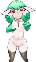 Rule 34 | 1girl, :&lt;, absurdres, black thighhighs, blush, bob cut, breasts, bright pupils, cleft of venus, closed mouth, collarbone, colored skin, creatures (company), female focus, fir3born, game freak, gardevoir, gen 3 pokemon, grabbing own breast, green hair, green skin, groin, hair between eyes, hands up, highres, lactation, looking down, multicolored skin, navel, nintendo, nipple stimulation, nipple tweak, nipples, nose blush, nude, pokemon, pokemon (creature), pussy, raised eyebrows, red eyes, shiny clothes, short hair, simple background, skindentation, small breasts, solo, standing, stomach, straight-on, thighhighs, thighs, tweaking own nipple, two-tone skin, uncensored, white background, white pupils, white skin