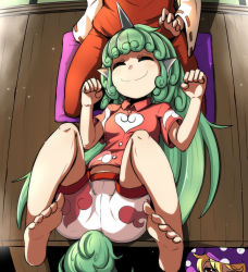 Rule 34 | 3girls, aqua hair, arms up, barefoot, blonde hair, clownpiece, commentary request, epic armageddon, closed eyes, feet, from above, hakurei reimu, hat, head out of frame, highres, horns, jester cap, kariyushi shirt, komano aunn, lap pillow, legs up, light particles, long hair, lying, lying on person, multiple girls, on back, paw pose, peeking out, pillow, red eyes, red skirt, red vest, ribbon-trimmed sleeves, ribbon trim, seiza, short sleeves, shorts, sitting, skirt, smile, tail, touhou, veranda, very long hair, vest