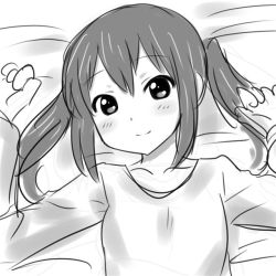 Rule 34 | 1girl, aaaa (quad-a), bad id, bad pixiv id, blush, greyscale, k-on!, long hair, looking at viewer, lying, monochrome, nakano azusa, on back, smile, solo