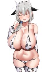 Rule 34 | 1girl, animal ears, animal print, bikini, breasts, closed eyes, cow ears, cow horns, cow print, cow print bikini, cow print gloves, cow print thighhighs, cowboy shot, elbow gloves, fake animal ears, fake horns, gloves, grey hair, hair between eyes, hair over shoulder, highres, horns, huge breasts, long hair, mature female, navel, open mouth, partially fingerless gloves, print bikini, print gloves, print thighhighs, sagging breasts, simple background, solo, standing, swimsuit, tf cafe, thighhighs, uzaki-chan wa asobitai!, uzaki tsuki, white background