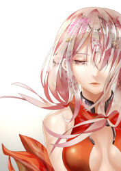 1girl bare_shoulders breasts center_opening cleavage floating_hair floral_print guilty_crown hair_ornament hairclip half-closed_eyes herbarium highres long_hair looking_at_viewer medium_breasts open_mouth parted_lips patterned_hair pink_hair red_eyes simple_background solo upper_body user_sehr3523 white_background yuzuriha_inori