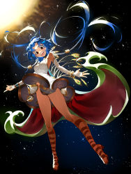 Rule 34 | 1girl, absurdres, arknights, bangle, bare shoulders, blue hair, bracelet, breasts, bridal gauntlets, brown eyes, cape, commentary request, conviction (arknights), dress, elbow gloves, erdongjinming, feather hair, floating hair, gender request, genderswap, genderswap (otf), gloves, green cape, highres, infection monitor (arknights), jewelry, medium breasts, open mouth, peacock feathers, red cape, sandals, short hair, short hair with long locks, sleeveless, sleeveless dress, solo, space, star (symbol), starry background, sun, two-tone cape, white dress, white gloves