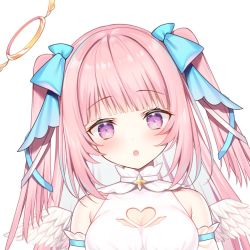 Rule 34 | 1girl, angel, angel wings, blue bow, blush, bow, breasts, detached sleeves, dress, hair bow, halo, indie virtual youtuber, large breasts, long hair, looking at viewer, mashiro mayu, miko (royal milk), pale skin, pink hair, purple eyes, revealing clothes, solo, star (symbol), virtual youtuber, white background, wings