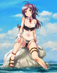 Rule 34 | 1girl, ahoge, ankle strap, bare shoulders, bikini, black bikini, blue sky, blush, breasts, covered erect nipples, day, detached collar, gloves, groin, hagikaze (kancolle), kantai collection, long hair, looking at viewer, navel, neck ribbon, one side up, outdoors, purple hair, red ribbon, ribbon, rock, sameha ikuya, sandals, side-tie bikini bottom, sidelocks, sitting, sky, smile, soaking feet, solo, stomach, swimsuit, thigh strap, white gloves, yellow eyes