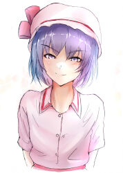 Rule 34 | 1girl, absurdres, blush, bow, closed mouth, collared shirt, cookie (touhou), flat chest, hat, hat bow, highres, hisaka (cookie), kuroibarabara, looking at viewer, mob cap, pink shirt, purple eyes, purple hair, remilia scarlet, shirt, short hair, short sleeves, simple background, solo, touhou, upper body, white background