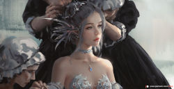 Rule 34 | 3girls, artist name, bare shoulders, blue eyes, breasts, choker, cleavage, closed mouth, commentary, ghostblade, grey hair, hair ornament, highres, looking away, multiple girls, patreon username, wlop