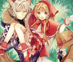 Rule 34 | 1boy, 1girl, animal ears, bandana, big bad wolf, blonde hair, cape, carrying, claws, gloves, grimm&#039;s fairy tales, hood, jacket, kurodeko, little red riding hood, little red riding hood (grimm), long hair, original, princess carry, red cape, red eyes, red footwear, shoes, silver hair, wolf ears, yellow eyes