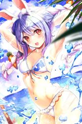 Rule 34 | 1girl, alternate hair color, animal ears, arms behind head, bikini, blue hair, bow, breasts, contrapposto, cowboy shot, crab, frilled bikini, frills, front-tie bikini top, front-tie top, hair bow, halterneck, haruhina purple, highres, hololive, multicolored hair, navel, ocean, pink hair, rabbit ears, rabbit girl, rabbit tail, small breasts, solo, swimsuit, tail, thick eyebrows, two-tone hair, usada pekora, virtual youtuber, water