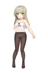 Rule 34 | 1girl, babydoll, bare arms, bare shoulders, black pantyhose, blonde hair, blush, bow, braid, breasts, collarbone, green bow, green eyes, hair down, kuro chairo no neko, long hair, looking at viewer, medium breasts, navel, no shoes, original, panties, panties under pantyhose, pantyhose, pointy ears, sidelocks, simple background, solo, standing, underwear, underwear only, white background
