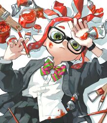 Rule 34 | 1girl, black-framed eyewear, black wristband, bow, bowtie, buttons, commentary, glasses, green bow, green bowtie, green eyes, highres, inkling, inkling girl, inkling player character, lying, medium hair, miko (15476997), nintendo, on back, paint, paintbrush, pink bow, pink bowtie, pointy ears, red hair, shirt, solo, splatoon (series), tentacle hair, two-tone bowtie, white shirt