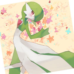Rule 34 | 1girl, blue flower, blush, bob cut, border, chikichi, closed mouth, colored skin, creatures (company), female focus, flat chest, flower, from above, game freak, gardevoir, gen 3 pokemon, green hair, green skin, hair over one eye, hand up, happy, looking at viewer, lying, multicolored skin, nintendo, on side, orange flower, pink flower, pokemon, pokemon (creature), red eyes, red flower, short hair, smile, solo, two-tone skin, white border, white skin, yellow background, yellow flower