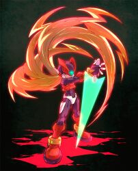 Rule 34 | 1boy, blonde hair, commentary, helmet, highres, holding, holding sword, holding weapon, kon (kin219), long hair, looking at viewer, male focus, mega man (series), mega man zero (series), red footwear, simple background, solo, sword, toned, toned male, very long hair, weapon, z saber, zero(z) (mega man), zero (mega man)