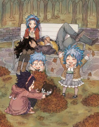 Rule 34 | :d, arm piercing, arms up, autumn leaves, bench, black hair, black legwear, blue hair, blush, boots, brown eyes, brown footwear, brown headband, chin piercing, coat, collarbone, day, dress, closed eyes, fairy tail, family, full body, gajeel redfox, grey dress, grey jacket, grey pants, hand on another&#039;s head, headband, holding hands, if they mated, jacket, jewelry, crossed legs, levy mcgarden, long sleeves, lying, necklace, nose piercing, on back, open clothes, open coat, open jacket, open mouth, outdoors, pantherlily, pants, parent and child, piercing, pleated skirt, print dress, purple skirt, red coat, rusky, shirt, short dress, short hair, skirt, smile, squatting, yellow shirt