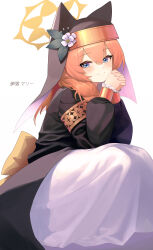 Rule 34 | 1girl, absurdres, animal ear headwear, animal ears, black headwear, blue archive, blue eyes, blush, character name, closed mouth, coif, fake animal ears, flower, habit, hair between eyes, halo, hat, hat flower, highres, long hair, long sleeves, looking at viewer, mari (blue archive), nun, orange hair, pg (pege544), puffy long sleeves, puffy sleeves, simple background, smile, solo, white background, white flower, yellow halo