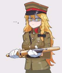 Rule 34 | ..., 1girl, bad id, bad twitter id, baton (weapon), black bow, blonde hair, bow, braid, breast pocket, breasts, brown hat, brown jacket, brown skirt, closed mouth, commentary request, cookie (touhou), cowboy shot, expressionless, gloves, grey background, hair bow, hat, hat ornament, highres, holding, holding weapon, jacket, kirisame marisa, large breasts, long hair, looking to the side, mikami makoto, military, military hat, military uniform, ohasi, peaked cap, pocket, shaded face, side braid, simple background, single braid, skirt, solo, standing, star (symbol), star hat ornament, touhou, uniform, weapon, white gloves, yellow eyes