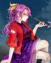 Rule 34 | 1girl, absurdres, blowing smoke, crossed legs, folding fan, from side, hand fan, highres, holding, holding smoking pipe, hoshiringo0902, japanese clothes, kimono, kiseru, komakusa sannyo, lipstick, looking at viewer, looking to the side, makeup, nail polish, profile, purple skirt, red eyes, red kimono, red nails, red robe, ribbon, robe, signature, simple background, skirt, smoke, smoking, smoking pipe, solo, tobacco, touhou, unconnected marketeers, yellow ribbon
