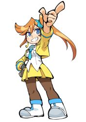 Rule 34 | 1girl, ace attorney, athena cykes, blue eyes, blue necktie, earrings, full body, gloves, hair ribbon, hounori, jewelry, long hair, necktie, orange hair, pantyhose, phoenix wright: ace attorney - dual destinies, ribbon, side ponytail, simple background, skirt, smile, solo, white background