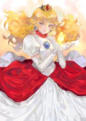 Rule 34 | 1girl, aubz, blonde hair, blue eyes, blush, brooch, choker, crown, dress, earrings, elbow gloves, fire, fire peach, floating hair, frilled sleeves, frills, gem, gloves, grin, hair between eyes, hands up, highres, jewelry, lace, lace trim, layered dress, lips, long dress, long hair, looking at viewer, mario (series), mini crown, nintendo, parted lips, pink lips, princess peach, puffy short sleeves, puffy sleeves, short sleeves, sidelocks, smile, solo, sphere earrings, super mario 3d world, teeth, wavy hair, white background, white dress, white gloves