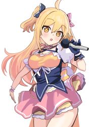 Rule 34 | + +, 1girl, ahoge, black bow, black gloves, blonde hair, bow, breasts, brown eyes, commentary request, copyright request, diagonal-striped bow, gloves, hair between eyes, hair bow, highres, holding, holding microphone, kanzarin, long hair, looking at viewer, medium breasts, microphone, pink bow, pink skirt, pmaru-sama, puffy short sleeves, puffy sleeves, short sleeves, simple background, single glove, single wrist cuff, skirt, solo, standing, two side up, very long hair, virtual youtuber, white background, wrist cuffs