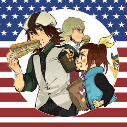 Rule 34 | 10s, 1girl, 2boys, age difference, american flag, bad id, bad pixiv id, barnaby brooks jr., blonde hair, braid, braided bangs, brown eyes, brown hair, burger, cabbie hat, eating, eishi2003, facial hair, father and daughter, food, glasses, green eyes, hat, ivan karelin, jacket, jewelry, kaburagi kaede, kaburagi t. kotetsu, ketchup, multiple boys, necklace, necktie, origami cyclone, red jacket, short hair, side ponytail, stubble, submarine sandwich, tiger &amp; bunny, united states, vest, waistcoat