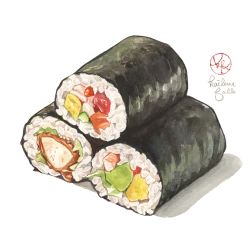 Rule 34 | artist logo, commentary, commentary request, ehoumaki, english commentary, food, food focus, highres, kailene, makizushi, mixed-language commentary, no humans, original, painting (medium), rice, signature, simple background, still life, sushi, traditional media, watercolor (medium), white background