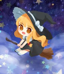 Rule 34 | 1girl, :d, black dress, blonde hair, blush, bow, braid, broom, broom riding, chibi, cloud, dress, full body, hair ribbon, hat, highres, kirisame marisa, long hair, looking at viewer, open mouth, red bow, ribbon, rlimme, side braid, sky, smile, solo, star (sky), star (symbol), starry sky, touhou, tress ribbon, witch hat