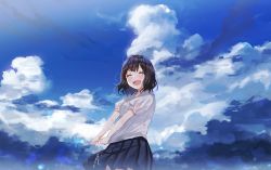 Rule 34 | 1girl, blue skirt, blue sky, brown hair, closed eyes, cloud, hanako151, highres, original, outdoors, pleated skirt, shirt, short sleeves, skirt, sky, smile, solo, standing, water, wet, wet clothes, wet shirt, white shirt, wringing clothes
