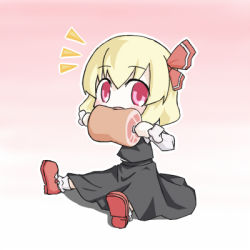 Rule 34 | 1girl, aratami isse, blonde hair, boned meat, chibi, eating, embodiment of scarlet devil, female focus, food, full body, gradient background, lowres, meat, red eyes, rumia, sitting, solo, touhou, white background