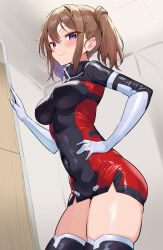 Rule 34 | 1girl, absurdres, alice gear aegis, black bodysuit, blush, bodysuit, brown hair, closed mouth, commentary request, gloves, hand on own hip, highres, ichi-jirushi, indoors, kimikage yui, looking at viewer, purple eyes, red bodysuit, short hair, sidelocks, skin tight, smile, solo, standing, thighs, two-tone bodysuit, two side up, white gloves