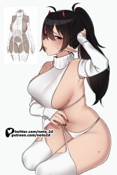 Rule 34 | 1girl, ahoge, bare shoulders, black hair, black nails, breasts, demon horns, detached sleeves, garter straps, horns, indie virtual youtuber, large breasts, long hair, long sleeves, looking at viewer, meme attire, mole, mole on breast, mole on thigh, mole under eye, multicolored hair, navel, noto hams, panties, parted lips, ponytail, red eyes, red horns, ribbed sleeves, ribbed sweater, sideboob, simple background, sitting, sleeveless, sleeveless sweater, sleeveless turtleneck, sleeves past wrists, solo, streaked hair, string panties, sweatdrop, sweater, thighhighs, turtleneck, turtleneck sweater, underwear, virgin destroyer sweater, virtual youtuber, white background, white panties, white sweater