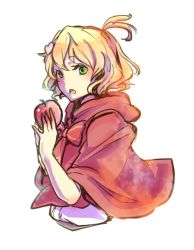 Rule 34 | 1girl, bad id, bad pixiv id, blonde hair, cape, cropped torso, food, freyja wion, fruit, green eyes, hair between eyes, hair ornament, heart, heart hair ornament, holding, holding food, holding fruit, hood, hood down, hooded, macross, macross delta, one side up, open mouth, red cape, short hair, simple background, solo, upper body, uro (m369), white background