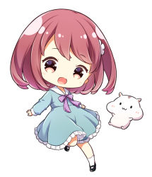 Rule 34 | 1girl, :d, brown hair, chibi, dress, flower, frilled dress, frilled socks, frills, hair flower, hair ornament, hamster, long sleeves, looking at viewer, mameko minami, mary janes, neck ribbon, open mouth, orange eyes, original, ribbon, sailor collar, sailor dress, shoes, short hair, simple background, smile, socks, solo, standing, standing on one leg, white background