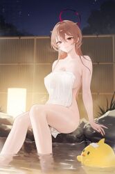 1girl arm_support azur_lane bamboo_fence bath bathing bird blush breasts brown_hair chick closed_mouth covering_privates duca_degli_abruzzi_(azur_lane) fence halo highres large_breasts light_smile long_hair looking_at_viewer manjuu_(azur_lane) naked_towel night night_sky nude_cover ohisashiburi onsen red_eyes rock sitting sky smile soaking_feet solo towel towel_on_head water