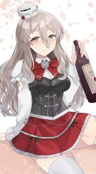 Rule 34 | 1girl, bad id, bad twitter id, bodice, bottle, bow, bowtie, brown eyes, collarbone, commentary request, drunk, grey hair, hair between eyes, happy birthday, hat, highres, kantai collection, mini hat, miniskirt, pola (kancolle), red bow, red bowtie, red skirt, shirt, skirt, smile, solo, thighhighs, toriniku senshi chikinman, wavy hair, white shirt, white thighhighs, wine bottle