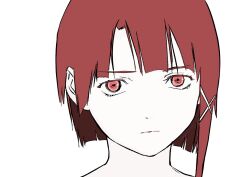 Rule 34 | 1girl, annoyed, asymmetrical hair, brown eyes, brown hair, close-up, closed mouth, iwakura lain, kakeami, looking at viewer, neck, parted bangs, portrait, serial experiments lain, short hair, simple background, sketch, solo, straight hair, white background