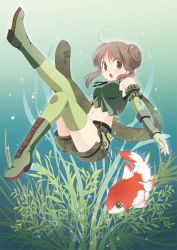 Rule 34 | 1girl, boots, breasts, brown eyes, brown hair, bubble, camouflage, camouflage scarf, camouflage shorts, commentary request, double bun, elbow gloves, fingerless gloves, fish, full body, gloves, green footwear, green gloves, green scarf, green shorts, green thighhighs, green tube top, hair bun, koi, looking at viewer, maru (sasayama chikage), medium breasts, medium hair, open mouth, plant, ragnarok online, ranger (ragnarok online), scarf, shorts, sleeve garter, solo, strapless, thighhighs, tube top, underwater