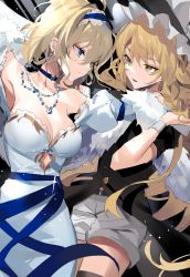 Rule 34 | 2girls, absurdres, alice margatroid, bare shoulders, blonde hair, blue eyes, braid, breasts, cleavage, dress, eye contact, eyeshadow, hairband, hat, highres, jewelry, kirisame marisa, large breasts, long hair, looking at another, makeup, meng ziya, multiple girls, necklace, parted lips, profile, scarf, shorts, single braid, smile, thighhighs, touhou, white dress, witch hat, yellow eyes