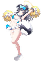 Rule 34 | 1girl, animal ears, arm up, armpits, black hair, blue archive, blue eyes, blush, breasts, cameltoe, cheerleader, cleavage, crop top, dog ears, dog girl, dog tail, eyewear on head, full body, goggles, goggles on head, groin, halo, hibiki (blue archive), hibiki (cheer squad) (blue archive), holding, holding pom poms, leg up, long hair, looking at viewer, md5 mismatch, midriff, millennium cheerleader outfit (blue archive), miniskirt, navel, open mouth, otakummm, panties, pleated skirt, pom pom (cheerleading), pom poms, ponytail, resolution mismatch, shoes, side-tie panties, simple background, skirt, small breasts, sneakers, solo, source larger, standing, sunglasses, tail, underwear, untied panties, wardrobe malfunction, white background, white footwear, white panties, white skirt