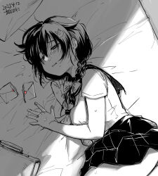 Rule 34 | 1girl, aged down, artist name, bag, bed, braid, commentary request, cowboy shot, dated, greyscale, hair flaps, hair over shoulder, highres, jingei (kancolle), kantai collection, kirisawa juuzou, letter, long hair, love letter, lying, monochrome, on side, pillow, pleated skirt, school uniform, serafuku, single braid, skirt, solo, tears, torn letter