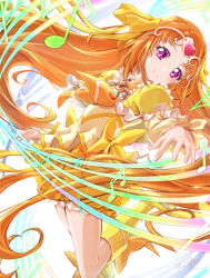 Rule 34 | 1girl, artist name, boots, choker, clear glass (mildmild1311), commentary request, cure muse (yellow), dress, eyelashes, frilled dress, frills, hair ornament, happy, highres, jewelry, knee boots, long hair, looking at viewer, magical girl, musical note, orange hair, pink eyes, precure, shirabe ako, signature, smile, solo, suite precure, twitter username, yellow choker, yellow dress, yellow footwear