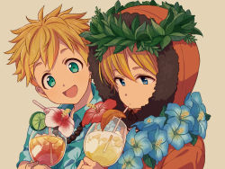 Rule 34 | 2boys, :d, asada hachi, blonde hair, blue eyes, brown background, butters stotch, closed mouth, collared shirt, commentary request, cup, drinking glass, drinking straw, expressionless, floral print, flower, flower necklace, food, fruit, green shirt, hair between eyes, happy, hawaiian shirt, head wreath, highres, holding, holding cup, hood, hood up, jewelry, kenny mccormick, lei, lemon, lemon slice, looking at viewer, male focus, multiple boys, necklace, open mouth, orange (fruit), orange slice, parka, print shirt, shirt, short hair, short sleeves, simple background, smile, south park, spiked hair, tropical drink