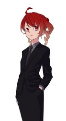 Rule 34 | 1girl, ahoge, black jacket, black pants, business suit, closed mouth, commentary, cowboy shot, drill hair, english commentary, expressionless, formal, grey necktie, grey shirt, hand in pocket, highres, jacket, kasane teto, looking at viewer, necktie, pants, red eyes, red hair, shirt, short hair, solo, standing, suit, suit jacket, twin drills, utau, white background, yasutange