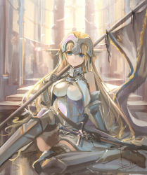 Rule 34 | 1girl, armor, blonde hair, blue eyes, breasts, chain, collar, commentary request, fate/grand order, fate (series), gauntlets, headpiece, highres, jeanne d&#039;arc (fate), jeanne d&#039;arc (ruler) (fate), jeanne d&#039;arc (third ascension) (fate), jeanne d&#039;arc alter (fate), kito (kito2), leg armor, leg up, long hair, looking at viewer, medium breasts, parted lips, pennant, sheath, sheathed, sitting, skirt, solo, sunlight, sword, weapon, window