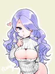 Rule 34 | 1girl, bad id, bad pixiv id, beige background, bottomless, breasts, bursting breasts, camilla (fire emblem), cleavage, cleavage cutout, clothing cutout, female focus, finger to mouth, fire emblem, fire emblem fates, hair over one eye, heart, large breasts, long hair, looking at viewer, meme attire, nintendo, open-chest sweater, purple eyes, purple hair, simple background, solo, sweater, swept bangs, tcong, tsurime, wavy hair