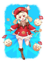 Rule 34 | 1girl, :d, ahoge, backpack, bag, bloomers, boots, brown footwear, brown gloves, brown scarf, clover print, coat, commentary request, genshin impact, gloves, hair between eyes, hat feather, hat ornament, head tilt, highres, jumpy dumpty, klee (genshin impact), knee boots, kneehighs, light brown hair, long hair, long sleeves, looking at viewer, low twintails, open mouth, outstretched arms, pocket, pointy ears, red coat, red eyes, red headwear, scarf, sidelocks, simple background, smile, socks, solo, spread arms, standing, standing on one leg, twintails, underwear, yuzu kiro